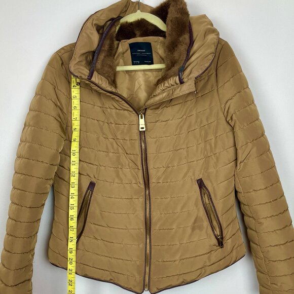 Zara Tan Quilted Puffer Jacket Faux Fur Hood Size L - Picture 6 of 9